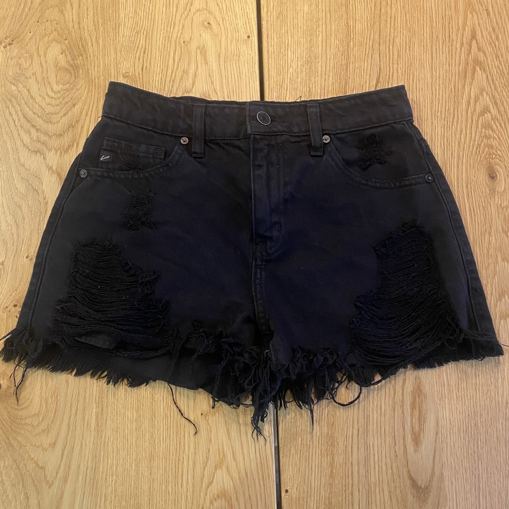 Kancan Shorts Women's 26 Black Mid Rise Cut-Off Distressed Dark Wash Denim